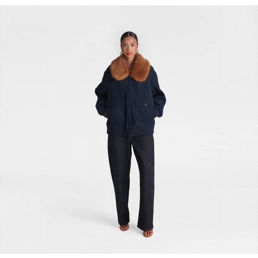 KBB by KAHLANA Women's The Faux Fur Collar Bomber Jacket Navy Blue/Teddy Brown M